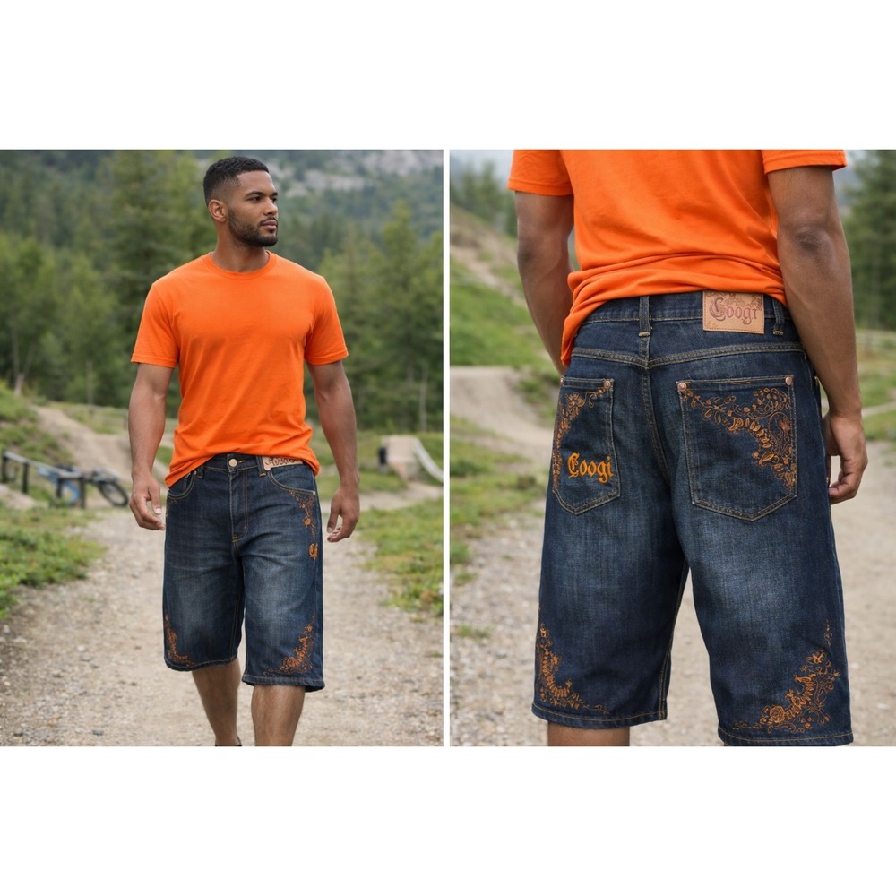 Coogi Men's Indigo Blue Denim Shorts Orange Embroidery Paisley Waistband Size 34